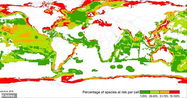 De las 126 especies de mamíferos marinos, al menos el 25 por ciento (verde oscuro) están en vías de extinción.  Las áreas rojas del mapa muestran dónde residen los mamíferos más amenazados.