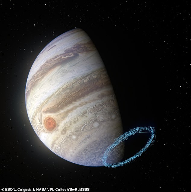Esta imagen muestra la impresión de un artista de los vientos en la estratosfera de Júpiter cerca del polo sur del planeta, con las líneas azules que representan la velocidad del viento superpuestas en una imagen real.