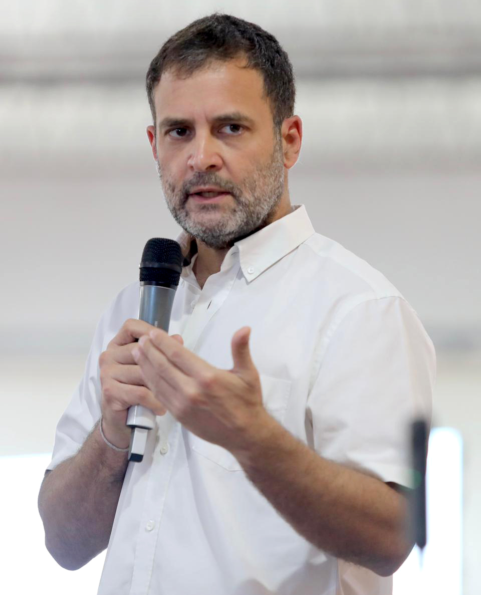 Congress leader Rahul Gandhi interacts with representatives of MSME at Suguna Auditorium, Nehru Nagar, in Kalapatti