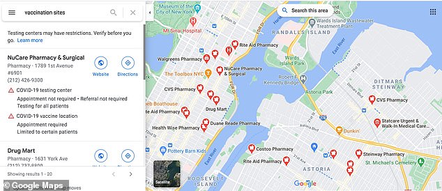 Ubicaciones de vacunas en la ciudad de Nueva York en Google Maps.  Esta semana la empresa inocula los sitios de Maps and Search en EE. UU., Canadá, Francia, Chile, India y Singapur.