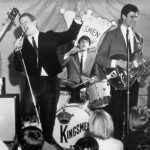 CIRCA 1964:  (L-R) Norm Sundholm, Lynn Easton, Dick Peterson, Mike Mitchell, and Barry Curtis of the touring version of the rock and roll band "The Kingsmen" perform onstage in 1964. (Photo by Michael Ochs Archives/Getty Images)