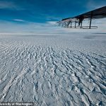 El glaciar Pine Island de 180 billones de toneladas de la Antártida podría colapsar en 20 años, ya que la plataforma de hielo flotante que ayuda a contenerlo se está `` desgarrando ''.  En la imagen, una vista a través del hielo que muestra las grietas que se forman donde el glaciar conectado a tierra fluye hacia la plataforma de hielo flotante.