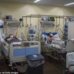 Un trabajador de la salud en EPP se encuentra junto a los pacientes en una sala de cuidados intensivos en Río de Janeiro