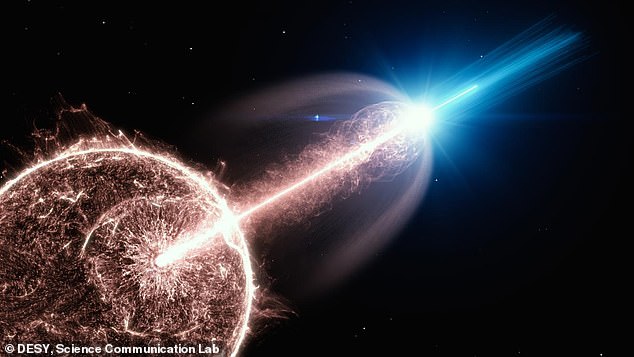 Impresión artística de un chorro relativista de un estallido de rayos gamma (GRB), saliendo de una estrella que colapsa y emitiendo fotones de muy alta energía.