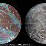 Con un diámetro de 3.280 millas, Ganímedes (en la foto) es más grande que el planeta Mercurio y el planeta enano Plutón.  Esta imagen muestra mosaicos y mapas geológicos de Ganímedes, ensamblados incorporando las mejores imágenes disponibles de las naves espaciales Voyager 1 y 2 de la NASA y la nave espacial Galileo de la NASA.
