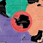 Los cartógrafos de National Geographic finalmente han reconocido el Océano Austral de la Antártida en sus mapas, lo que eleva su recuento de océanos de la Tierra a cinco.  En la imagen: el Océano Austral (en rojo) rodea la Antártida y colinda con los océanos Atlántico, Índico y Pacífico