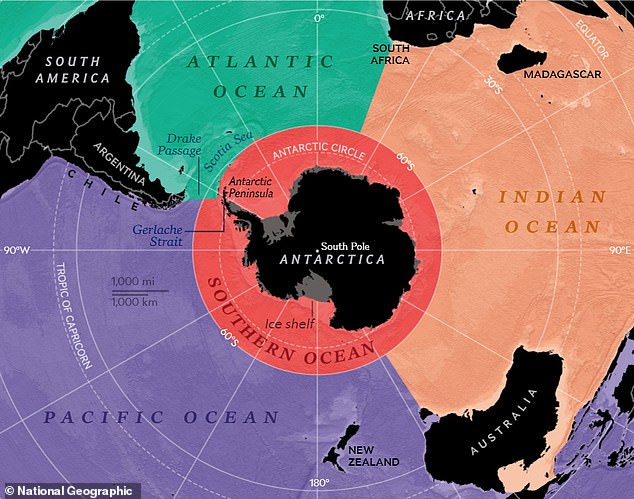 Los cartógrafos de National Geographic finalmente han reconocido el Océano Austral de la Antártida en sus mapas, lo que eleva su recuento de océanos de la Tierra a cinco.  En la imagen: el Océano Austral (en rojo) rodea la Antártida y colinda con los océanos Atlántico, Índico y Pacífico