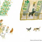 El libro para niños de Meghan Markle, The Bench, presenta una ilustración del príncipe Harry y su hijo Archie alimentando a sus pollos mientras la duquesa está en el jardín con sus perros (en la foto)