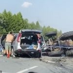 Dos pasajeros que viajaban en auto compartido y su conductor murieron cuando su Nissan X-Trail de 125 mph chocó de frente con la guadaña unida a la parte trasera de un tractor el jueves en Rusia.
