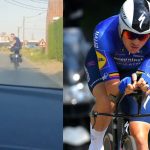 Yves Lampaert vuelve a casa con alforjas en su bicicleta después de ganar el título belga de contrarreloj