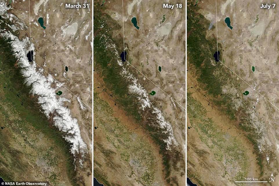 Las imágenes de satélite de la NASA comparan la cordillera de Sierra Nevada el 31 de marzo, el 18 de mayo y el 7 de julio y muestran progresivamente menos nieve de montaña en cada foto.