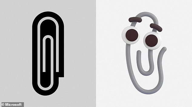 El nuevo emoji de Clippy (derecha) reemplazará a un emoji de clip bastante aburrido, largo y plano (izquierda) en Office