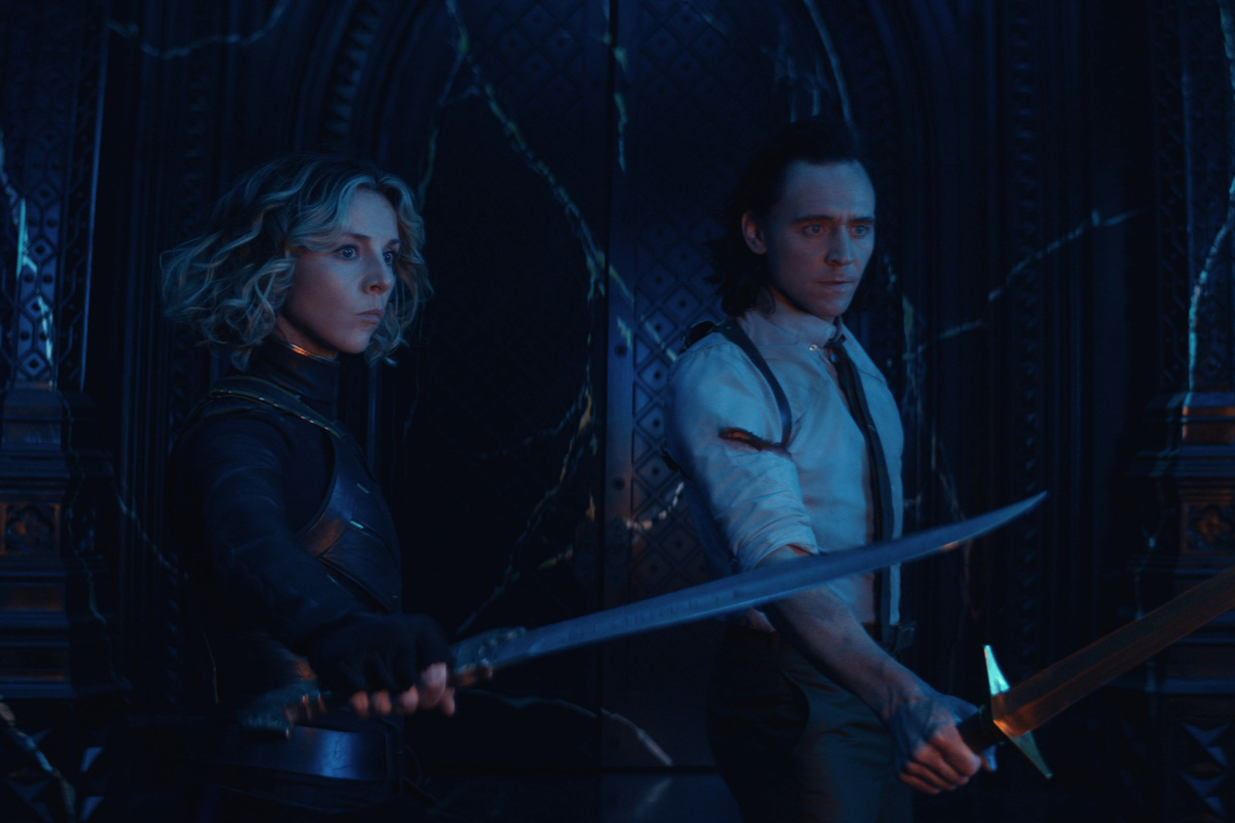 (L-R): Sylvie (Sophia Di Martino) and Loki (Tom Hiddleston) in Marvel Studios' LOKI, exclusively on Disney+. Photo courtesy of Marvel Studios. ©Marvel Studios 2021. All Rights Reserved.
