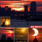 Un espectacular eclipse solar parcial fue visible sobre la ciudad de Nueva York y otras partes de la costa este de los Estados Unidos esta mañana cuando el evento celeste hizo que el sol apareciera como una media luna en el cielo.  El eclipse solar parcial fue visible a lo largo de partes de la costa este poco después de las 5 am durante aproximadamente cuatro minutos.  Impresionantes fotos del evento celestial mostraron el eclipse solar iluminando el horizonte de Nueva York mientras se elevaba sobre los puentes de Brooklyn y Manhattan.  La media luna era claramente visible sobre las ciudades de Baltimore, Filadelfia y Washington DC.  También fue un telón de fondo notable, ya que se elevó por encima de las ciudades costeras de Massachusetts y Delaware.  El evento, que fue transmitido en vivo por la NASA, solo fue visible en el hemisferio norte.