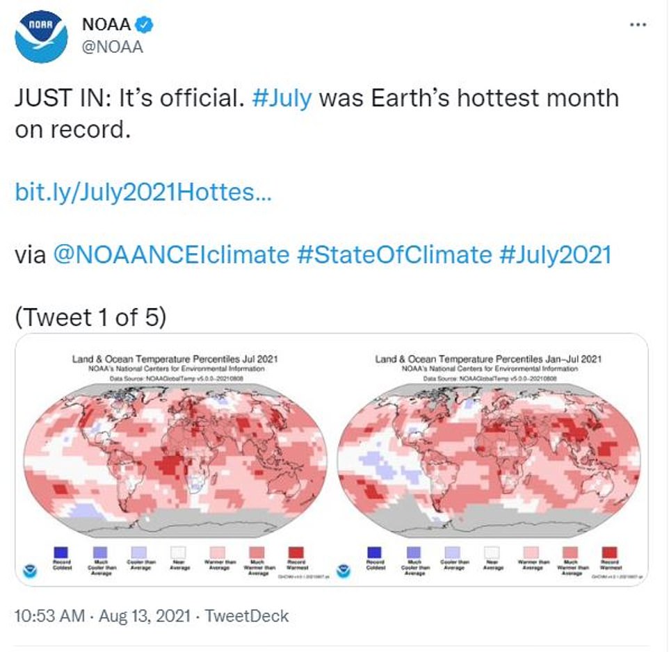 Julio de 2021 se ha convertido en el julio más caluroso de la historia y el mes más caluroso en la historia registrada, dijo la NOAA el viernes.