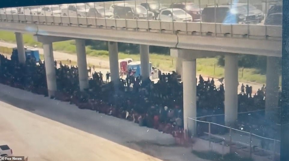 Las imágenes muestran a decenas de migrantes detenidos por agentes de la Patrulla Fronteriza parados en una larga cola debajo del Puente Anzalduas en la frontera sur entre México y Estados Unidos.