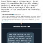 El ex embajador de Rusia, Michel McFaul, dijo que no esperaba que su alarde 'arrogante' ante un usuario anónimo de Twitter fuera publicado públicamente.