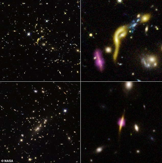 Seis galaxias muertas han estado en el espacio profundo, aproximadamente a 11 mil millones de años luz de distancia.  Las seis galaxias se conocen como MRG-M1341 (en la imagen superior izquierda y derecha), MRG-M0138, MRG-M2129 (en la imagen inferior izquierda y derecha), MRG-M0150, MRG-M0454 y MRG-M1423