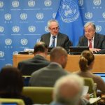 United Nations Secretary General Antonio Guterres with Stephane Dujarric (L), spokesperson for the Secretary General speaks during a press briefing at United Nations Headquarters in New York City.