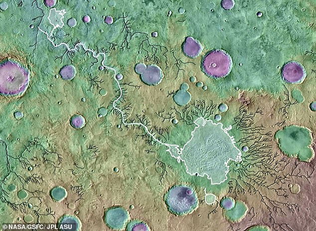 Una imagen topográfica coloreada que muestra los valles fluviales de Marte.  El cañón de salida Loire Vallis (línea blanca) se formó a partir del desbordamiento de un lago en la cuenca del Paraná (delineado en blanco).  Las líneas negras indican otros valles fluviales formados por procesos distintos a los desbordes de lagos.  La imagen tiene aproximadamente 400 millas (650 kilómetros) de ancho.