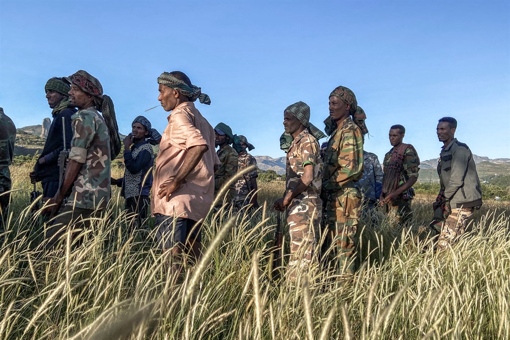 Amhara militia men, that combat alongside federal and regional forces against northern region of Tigray, receive training in the outskirts of the village of Addis Zemen, north of Bahir Dar, Ethiopia.