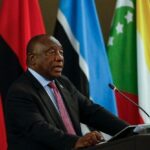 Cyril Ramaphosa delivering opening remarks during the Extraordinary Summit of the SADC Organ Troika Plus the Republic of Mozambique at the OR Tambo Building in Pretoria.