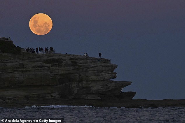 Los residentes ven la 'Super Flower Blood Moon' en Bondi Beach en Sydney en mayo de 2026