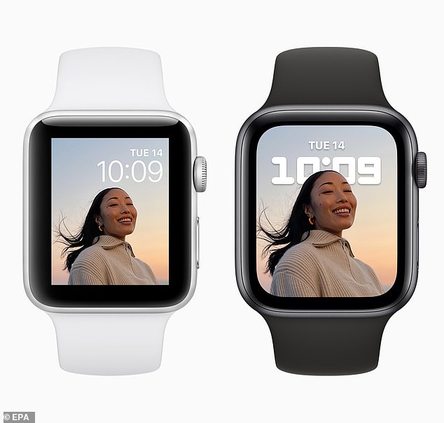 El Apple Watch Series 7 (derecha), aunque está repleto de nuevas funciones, tiene un nuevo aspecto de su predecesor con bordes estrechos alrededor de la cara que permiten una visualización casi en pantalla completa, lo que lo hace un 20 por ciento más grande que el Serie 6 (izquierda)