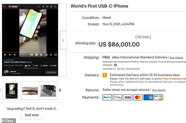 Un ingeniero creó una versión USB-C de un iPhone X y la vendió en eBay.  Kenn Pillonel vendió el dispositivo alterado por $ 86,001, más de 80 veces su precio de venta original