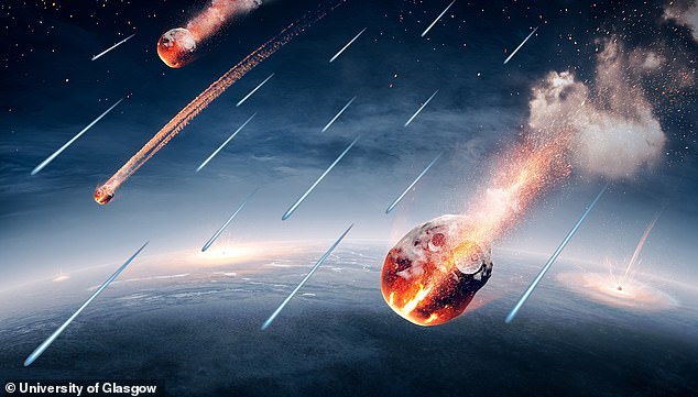 La impresión de un artista de los asteroides de tipo C y el polvo espacial que caen sobre la Tierra al principio de su formación.  El polvo espacial transportó agua que formó los océanos de la Tierra.