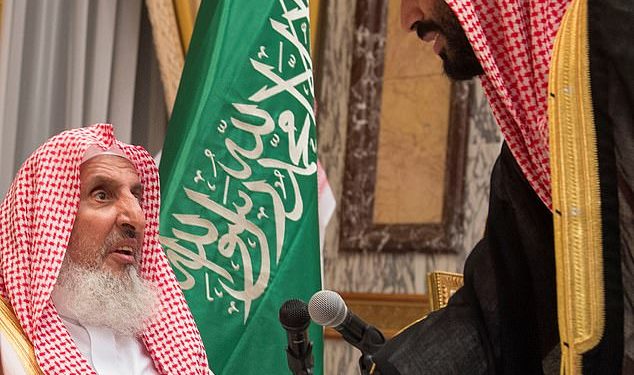 El príncipe heredero de Arabia Saudita, Mohammed bin Salman (derecha), le da la mano al Gran Mufti Sheikh Abdulaziz Al-Sheikh de Arabia Saudita durante una ceremonia de compromiso de lealtad en La Meca, Arabia Saudita, el 21 de junio de 2017. El Gran Mufti dijo el miércoles que el reino rechaza categóricamente la homosexualidad