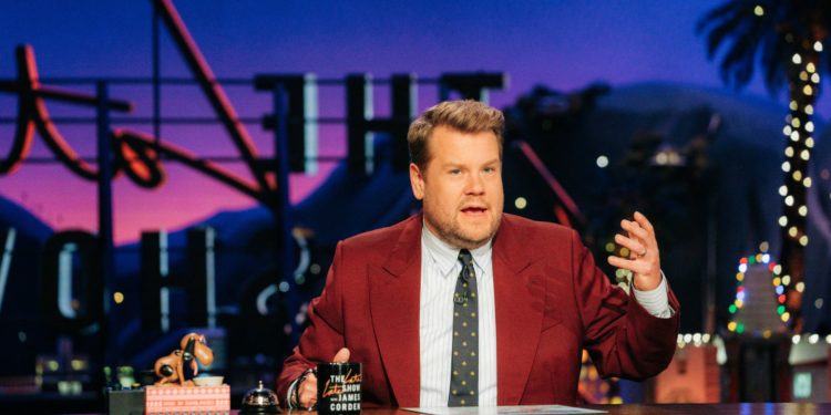 The Late Late Show with James Corden airing Tuesday, December 14, 2021, with guests Tessa Thompson, Dwyane Wade, and standup comic Andrew Michaan. Photo: Terence Patrick ©2021 CBS Broadcasting, Inc. All Rights Reserved