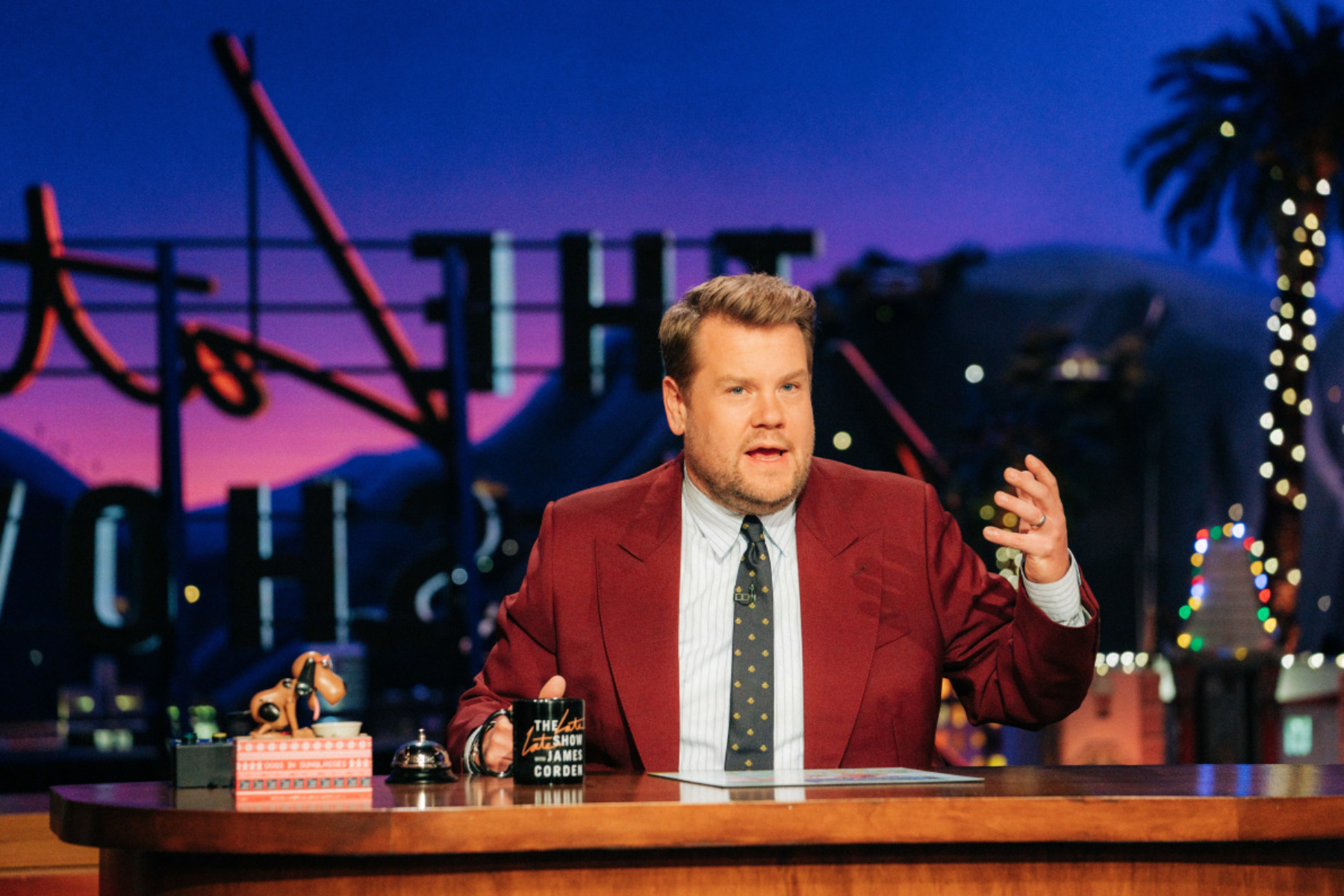 The Late Late Show with James Corden airing Tuesday, December 14, 2021, with guests Tessa Thompson, Dwyane Wade, and standup comic Andrew Michaan. Photo: Terence Patrick ©2021 CBS Broadcasting, Inc. All Rights Reserved