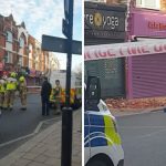 La policía y el servicio de bomberos asisten después de la caída de ladrillos en North Finchley