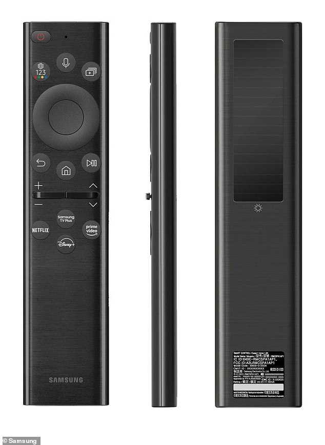 El Eco Remote de Samsung recolecta ondas de radio de enrutadores domésticos cercanos como fuente de energía.  La derecha muestra los paneles solares en la parte posterior del control remoto.
