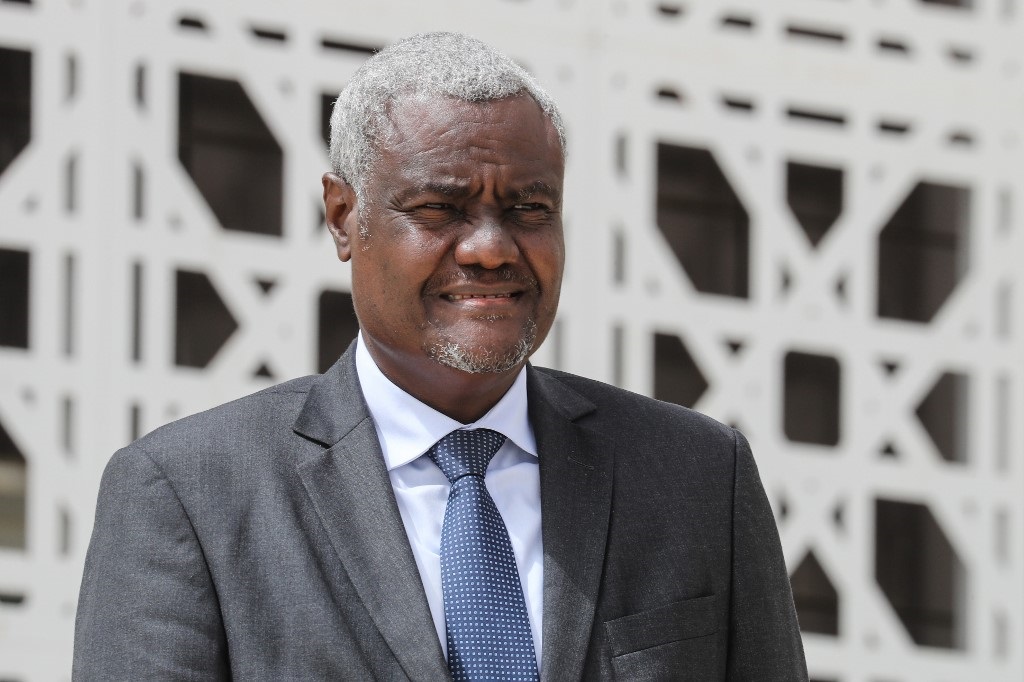 African Union Commission Moussa Faki poses for a group picture during the G5 Sahel summit on June 30, 2020, in Nouakchott.