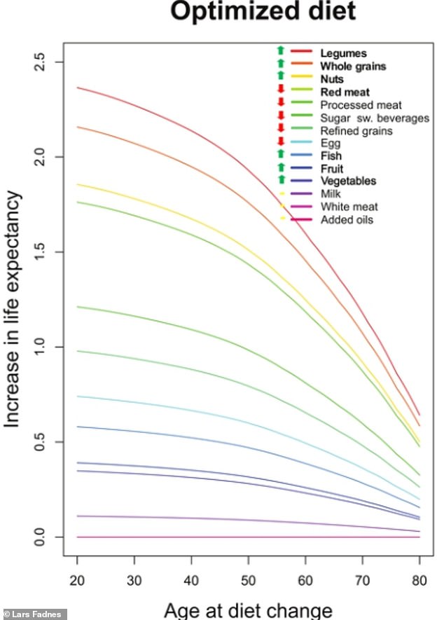 Este gráfico muestra el impacto de aumentar o disminuir la cantidad de ciertos grupos de alimentos en su dieta en su esperanza de vida.  Los mayores aumentos se observaron al comer más legumbres, como lentejas, productos integrales y nueces, así como al reducir la cantidad de carnes rojas y procesadas consumidas.  Cuanto antes las personas comenzaran a hacer estos cambios, mayor sería el impacto en su esperanza de vida, pero los autores destacaron que aún se podrían lograr mejoras sustanciales si las personas comenzaran a comer de manera más saludable entre los 60 y los 80 años.