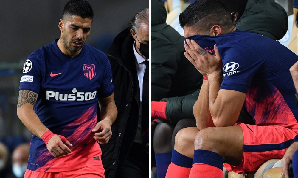 Luis Suárez llora después de ser expulsado por lesión solo 13 minutos después del choque imprescindible del Atlético de Madrid contra el Oporto.