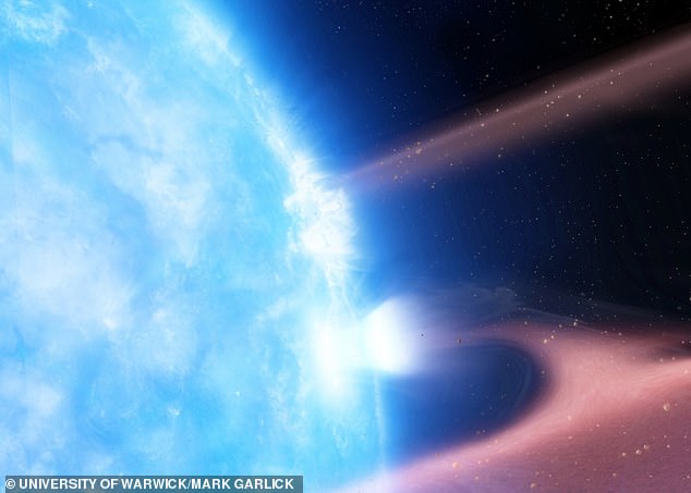 Impresión artística de una enana blanca, G29—38, acumulando material planetario desde un disco de escombros circunestelares.  Cuando el material planetario golpea la superficie de la enana blanca, se forma un plasma y se enfría a través de una emisión de rayos X detectable.