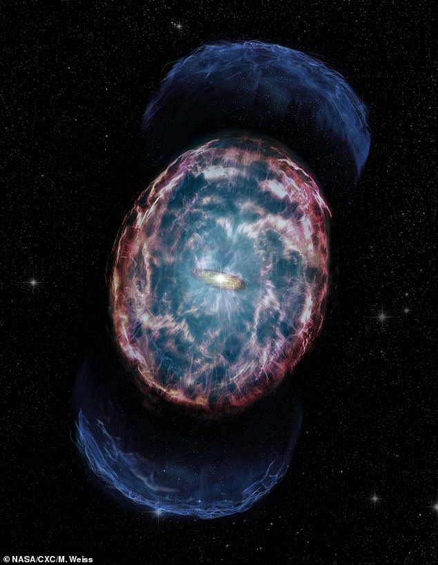 En la representación de este artista, la fusión de dos estrellas de neutrones para formar un agujero negro (oculto dentro de un bulto brillante en el centro de la imagen) genera chorros opuestos de material de alta energía (azul) que calientan el material alrededor de las estrellas, haciéndolo emitir X -rayos (nubes rojizas).  Los rayos X también podrían producirse durante colisiones violentas cuando el material cae en el agujero negro (disco amarillo dorado alrededor del bulto central)