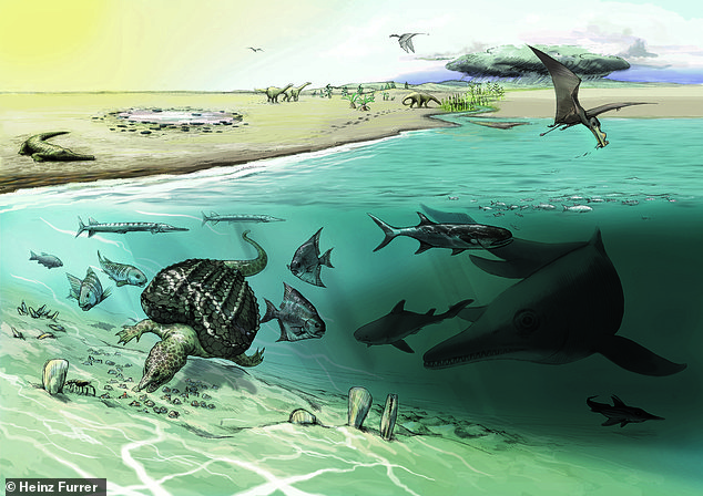 Impresión artística del hábitat y los animales que se encontraron junto con los ictiosaurios gigantes hace unos 205 millones de años