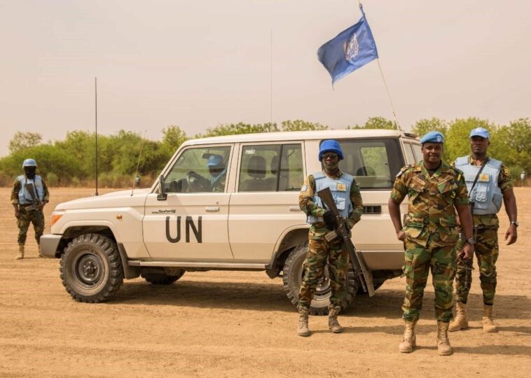 Ghanaian peacekeepers of the United Nations Mission in South Sudan patrol in Leer.