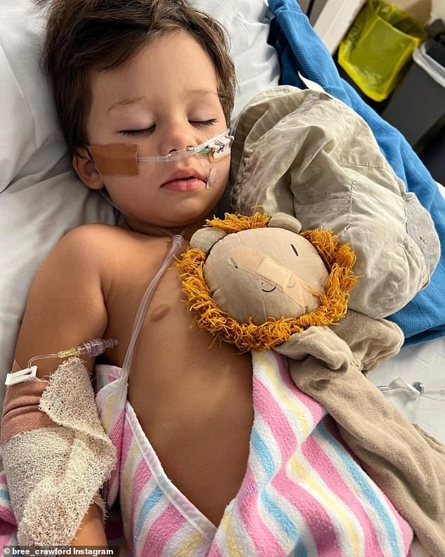 El pequeño Franklin (en la foto en el Sydney Children's Hospital) se sometió a una cirugía para deshacerse de sus problemas de barriga, que inicialmente se le diagnosticó como un ataque de gastroenteritis.