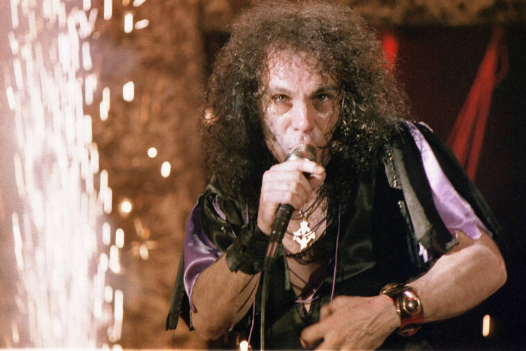 LONDON, UNITED KINGDOM - OCTOBER 4: Ronnie James Dio of DIO performs on stage at Hammersmith Odeon on October 4th, 1984 in London, England. (Photo by Pete Still/Redferns)
