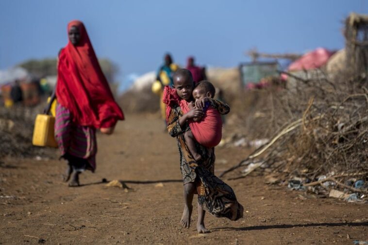 A somalian girl carries her sibling along land left dry by persistent drought.