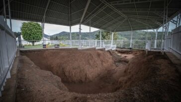 A former mass grave remains open at the Murambi genocide memorial in Nyamagabe, southern Rwanda, on 21 April, 2022. 
