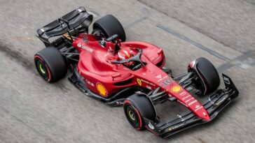 Aerial shot of Charles Leclerc in action in the F1-7. Italy April 2022