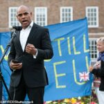 Marvin Rees habla a los manifestantes en College Green en Bristol protestando a favor de la UE y contra Brexit