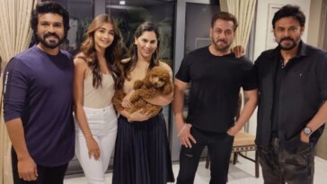 Salman Khan sonríe mientras Ram Charan lo recibe en su casa, posa con Venkatesh y Pooja Hegde.  ver foto