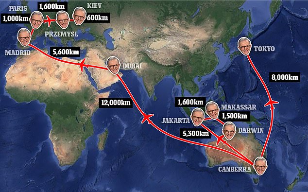 Desde que ganó las elecciones el 21 de mayo, el Sr. Albanese ha viajado más de 45 000 km en el extranjero.
